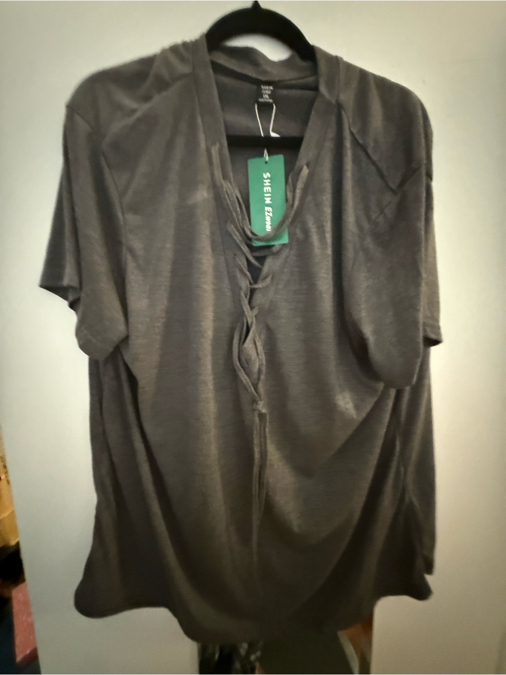 SHEIN Charcoal Gray Lace-Up V-Neck Short Sleeve Top